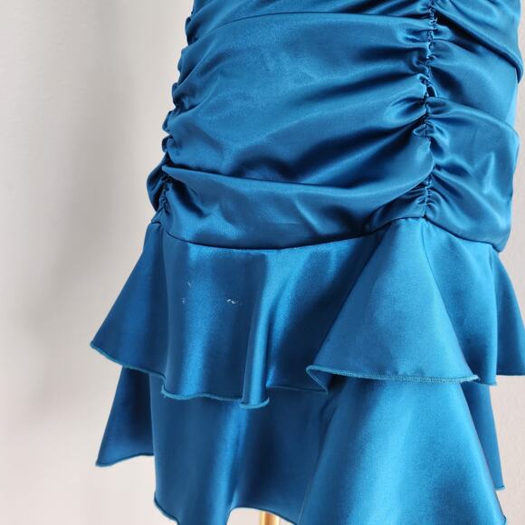 Jessica McClintock Y2K Teal Satin Halter Ruffle Drop Waist Mini Homecoming Dress - Picture 4 of 10